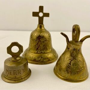 Vintage Brass Bells Lot of 3, Cross, Kettle, Sarna Christmas, Small Collectibles